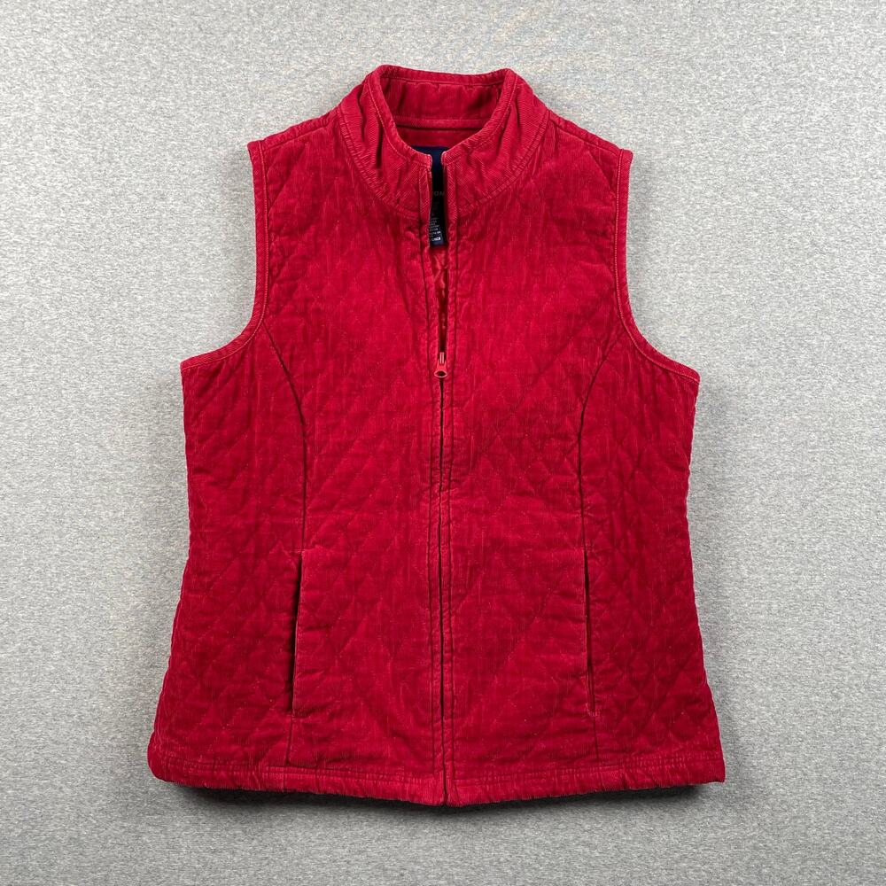 VTG y2k Basic Editions Corduroy Vest Womens S Red Full Zip Quilted Pockets Retro